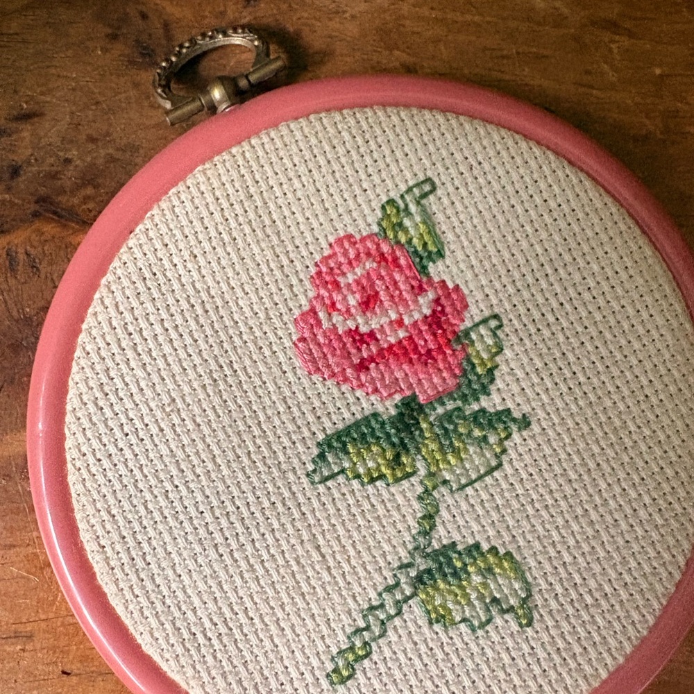 Vintage Pink Cross Stitch Rose in Pink Hoop